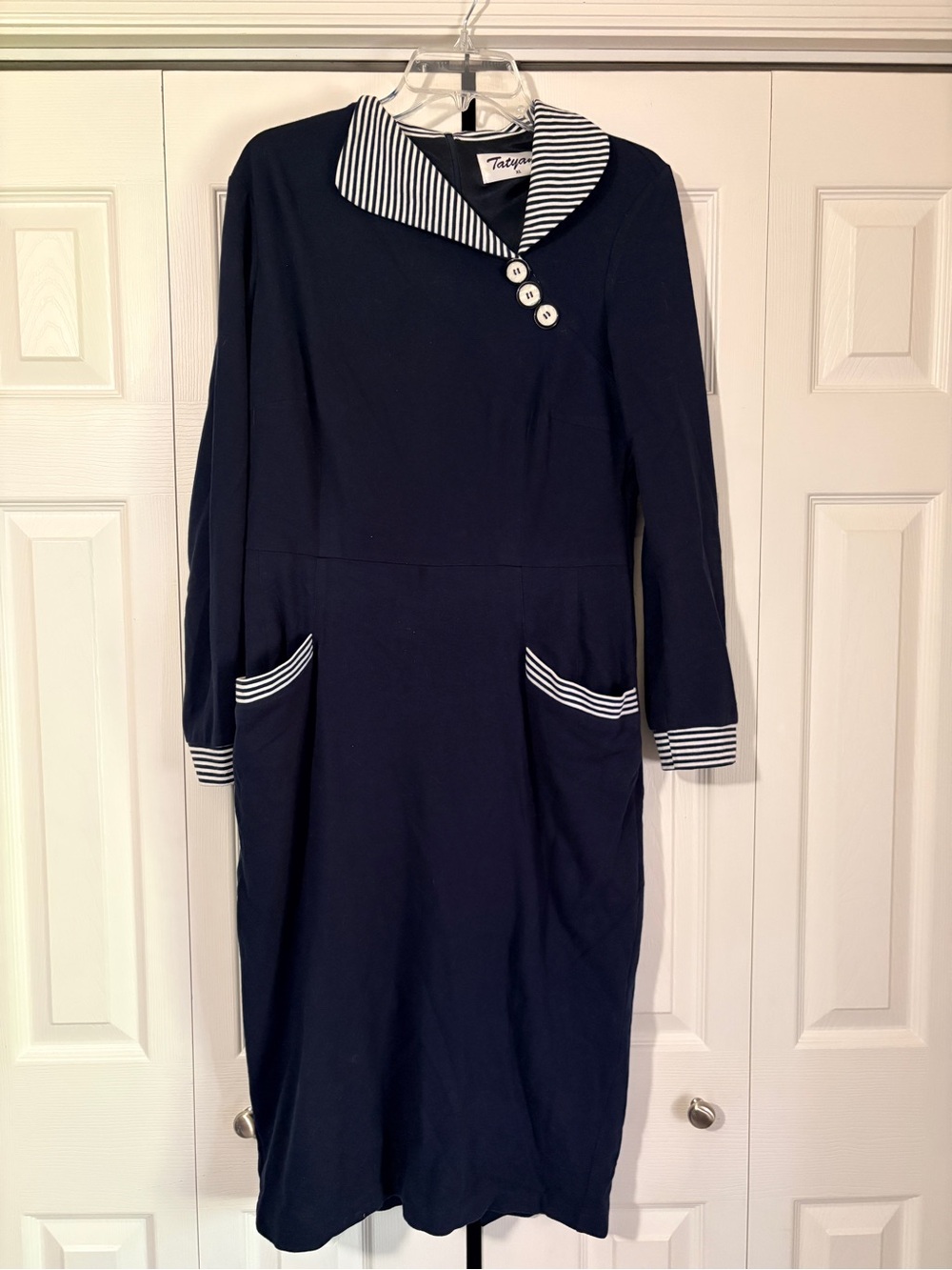 Tatyana Navy Dress with White Stripe Trim